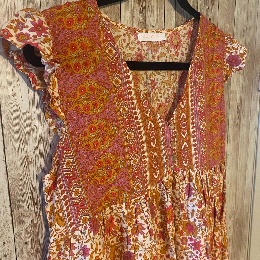 Ces Femme Pink / Orange Dress Boho loose size small, cottagecore hippy whimsy - Picture 2 of 6